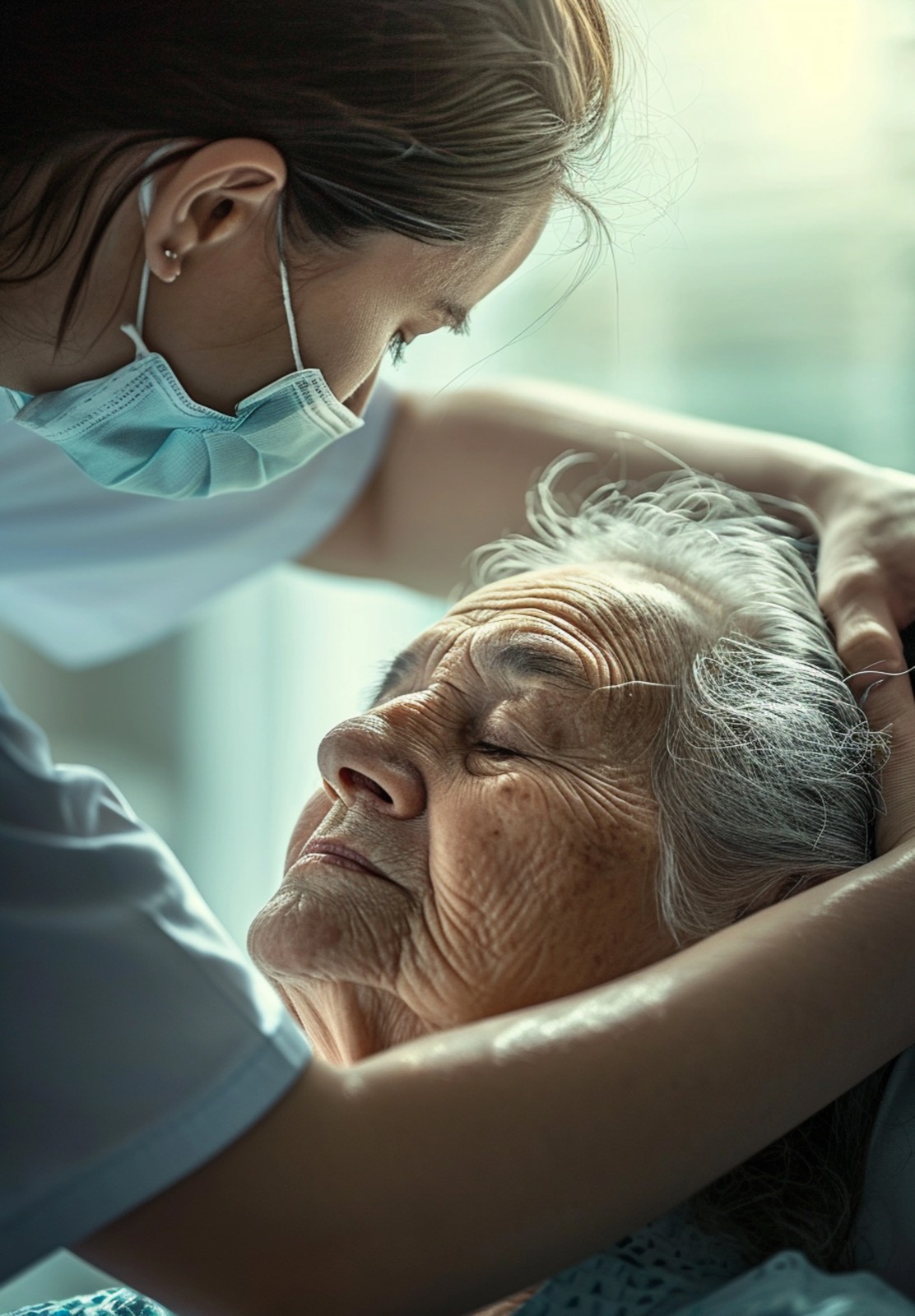 Caregiver providing comfort to senior patient